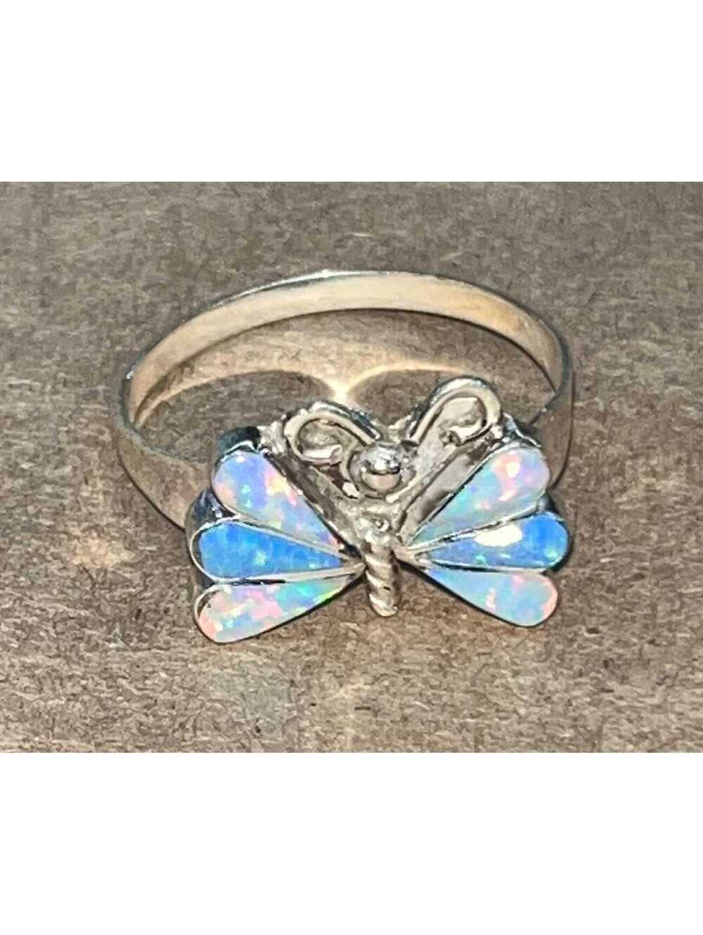 Native American Zuni cluster opal butterfly sterling silver inlay ring size 8.5
